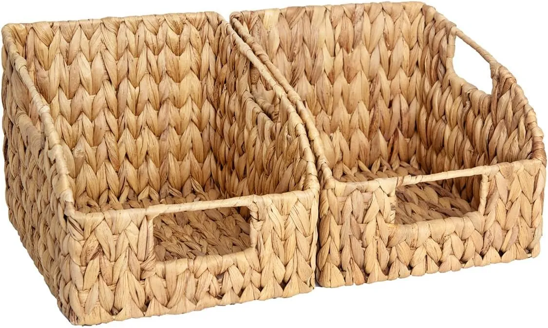 StorageWorks Pantry Baskets for Organizing, Wicker Baskets with Built-in Handles, Handwoven Wicker Storage Baskets, Water Hyacinth for Shelves, 2 Pack