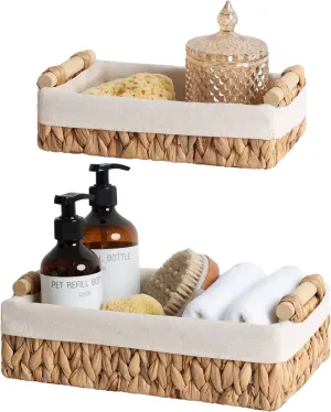StorageWorks Small Baskets for Organizing, Wicker Bathroom Basket for Toilet Tank Top with Liner, Natural Water Hyacinth, Set of 2
