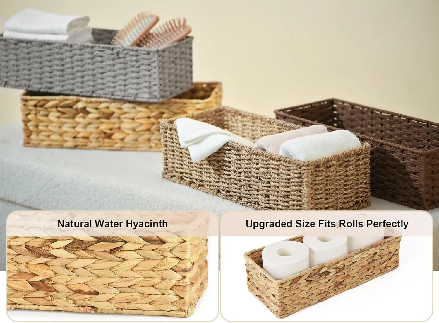 StorageWorks Toilet Tank Basket for Bathroom, Water Hyacinth Storage Baskets for Toilet Tank Top, 2-Pack