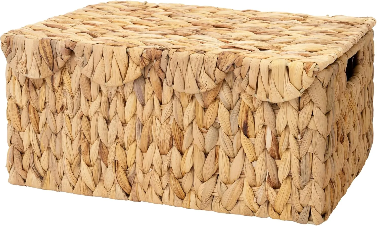StorageWorks Wicker Basket with Scalloped Edge Lid, Water Hyacinth Basket with Built-in Handles, Handwoven Wicker Box for Bathroom, Living Room, 15" L x 11 ¼" W x 7" H