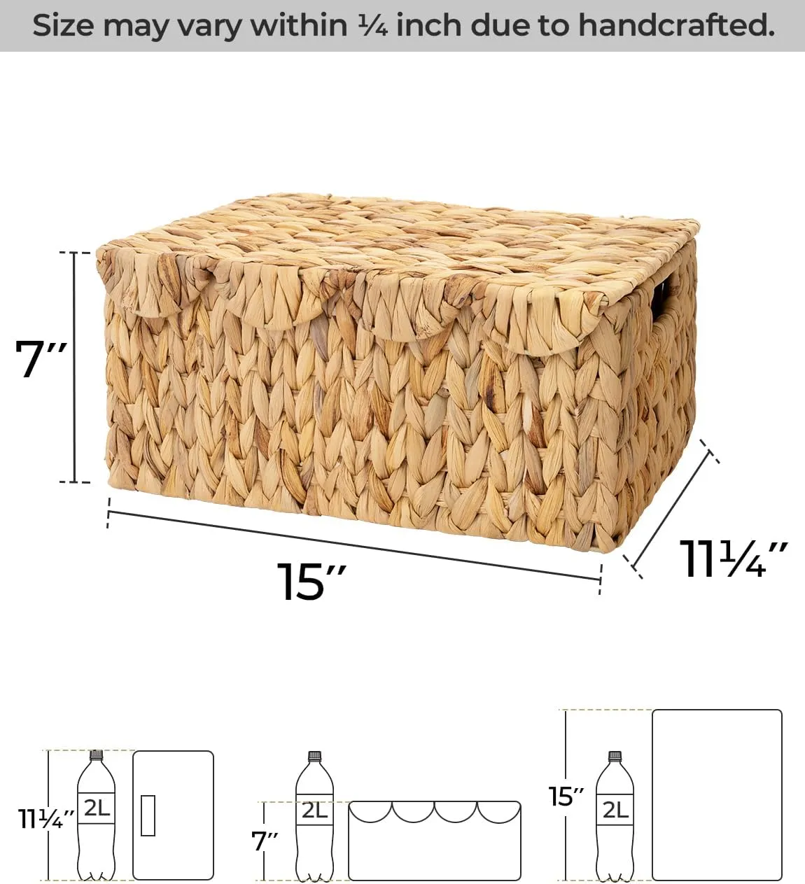 StorageWorks Wicker Basket with Scalloped Edge Lid, Water Hyacinth Basket with Built-in Handles, Handwoven Wicker Box for Bathroom, Living Room, 15" L x 11 ¼" W x 7" H