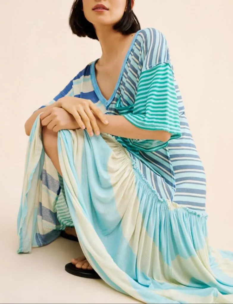 Striped Maxi Tshirt Dress for Women Casual Half Sleeve Fall Dress 2024 Color Block Patchwork T Shirt Long Dresses