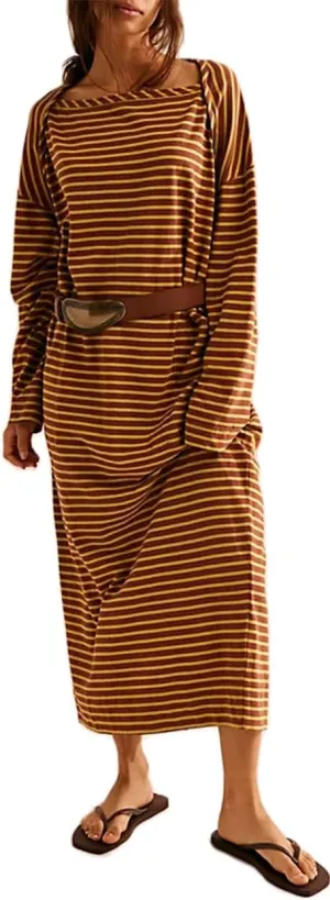 Striped Maxi Tshirt Dress for Women Casual Half Sleeve Fall Dress 2024 Color Block Patchwork T Shirt Long Dresses