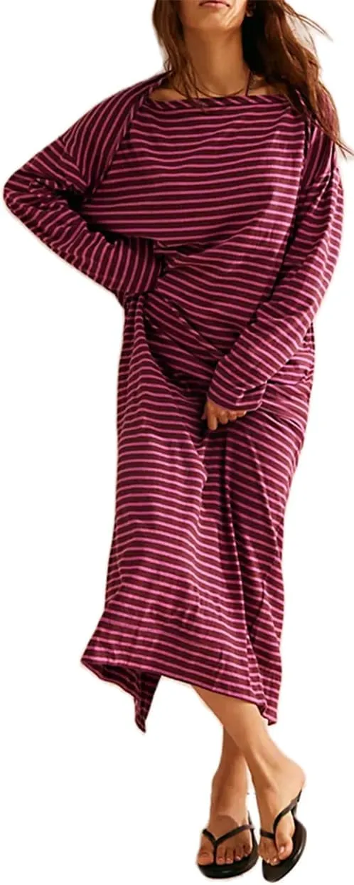 Striped Maxi Tshirt Dress for Women Casual Half Sleeve Fall Dress 2024 Color Block Patchwork T Shirt Long Dresses