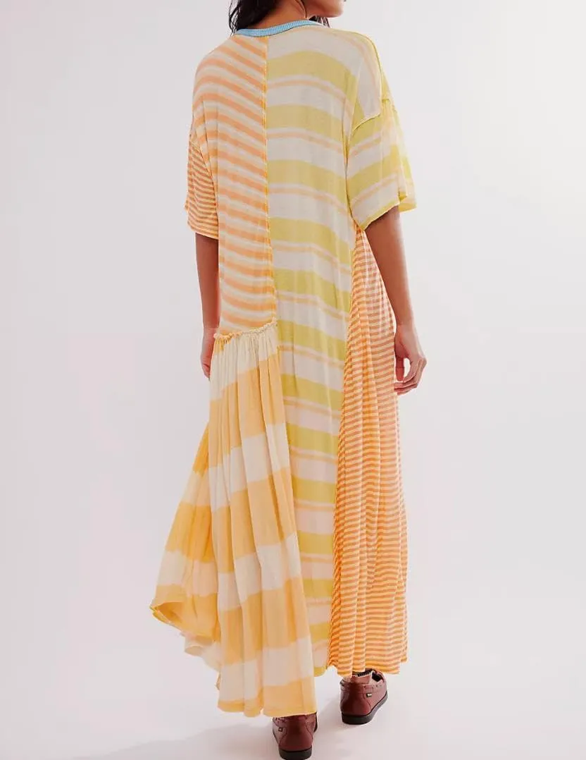 Striped Maxi Tshirt Dress for Women Casual Half Sleeve Fall Dress 2024 Color Block Patchwork T Shirt Long Dresses