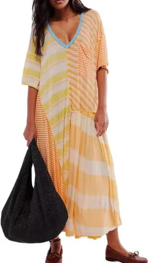 Striped Maxi Tshirt Dress for Women Casual Half Sleeve Fall Dress 2024 Color Block Patchwork T Shirt Long Dresses