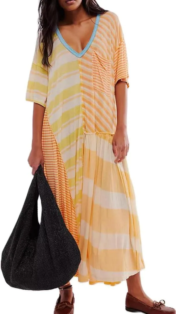 Striped Maxi Tshirt Dress for Women Casual Half Sleeve Fall Dress 2024 Color Block Patchwork T Shirt Long Dresses