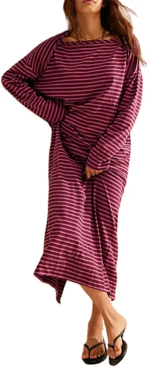 Striped Maxi Tshirt Dress for Women Casual Half Sleeve Fall Dress 2024 Color Block Patchwork T Shirt Long Dresses