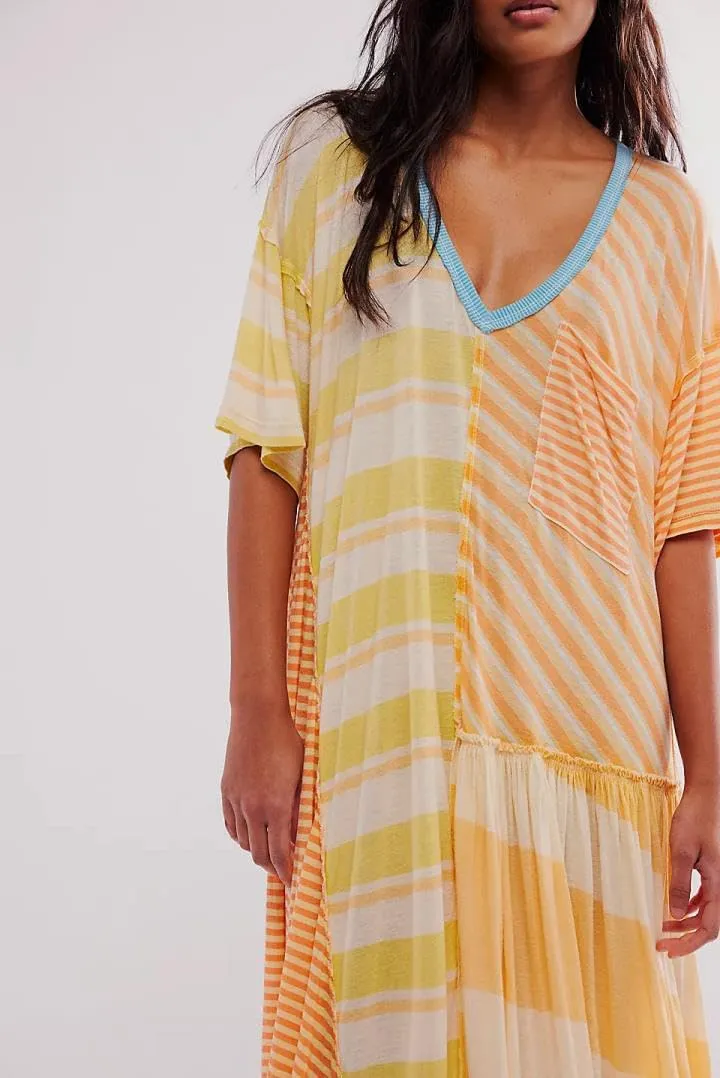 Striped Maxi Tshirt Dress for Women Casual Half Sleeve Fall Dress 2024 Color Block Patchwork T Shirt Long Dresses