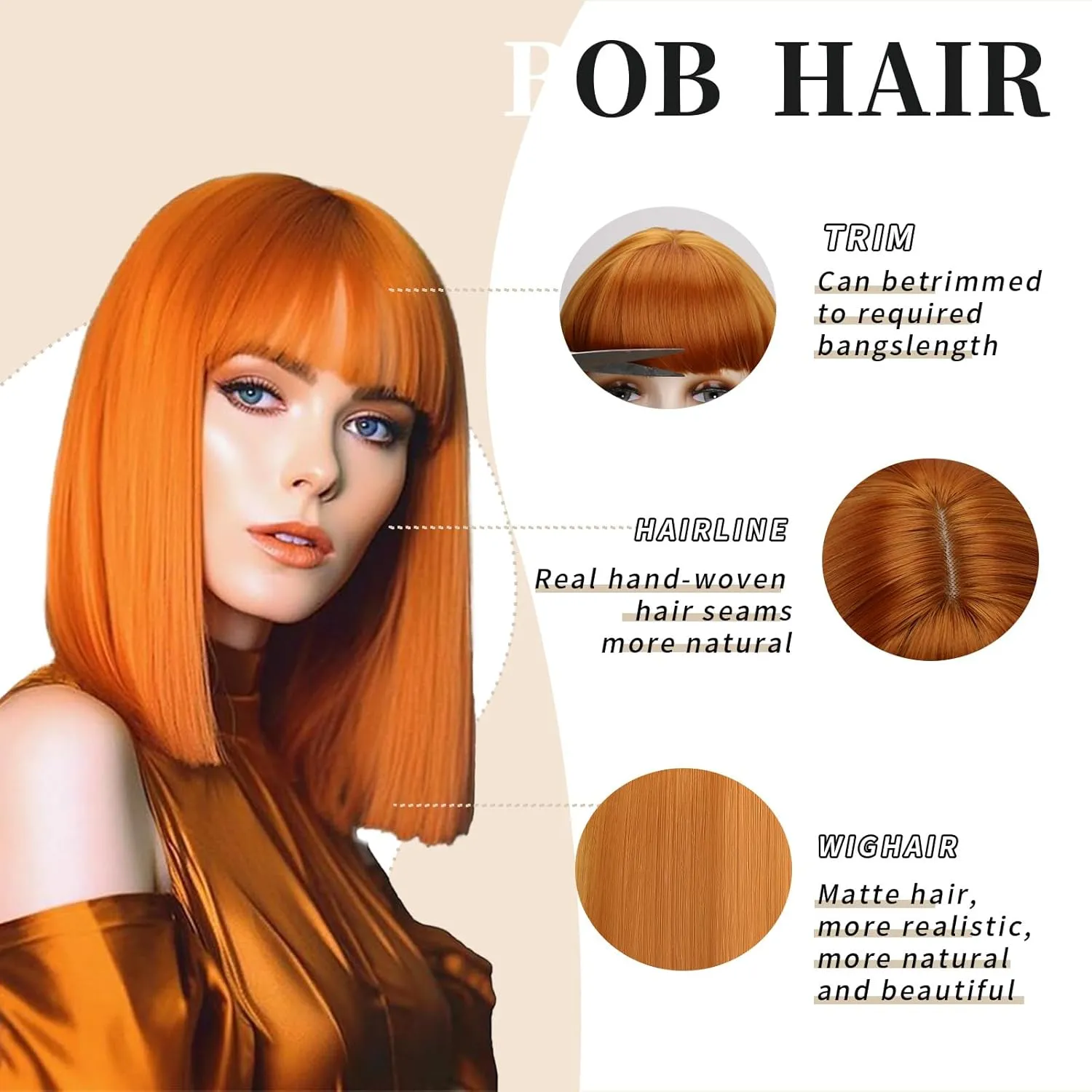 SUKRI Ginger Bob Wig with Bangs-Short Orange Straight Bob Wigs for Women,12 Inch Shoulder Lenght Heat Resistant Synthetic Hair for Daily Party Cosplay Use