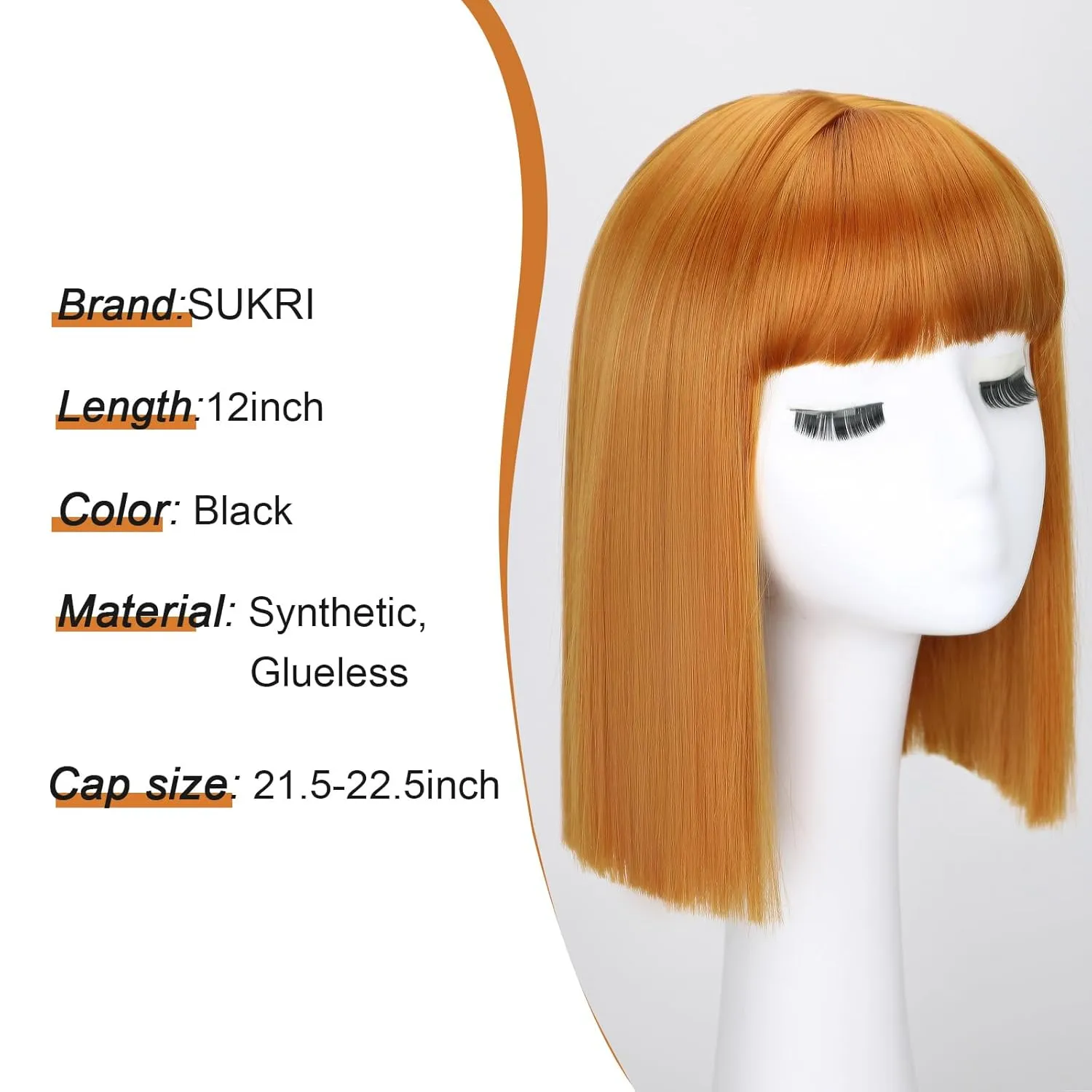 SUKRI Ginger Bob Wig with Bangs-Short Orange Straight Bob Wigs for Women,12 Inch Shoulder Lenght Heat Resistant Synthetic Hair for Daily Party Cosplay Use