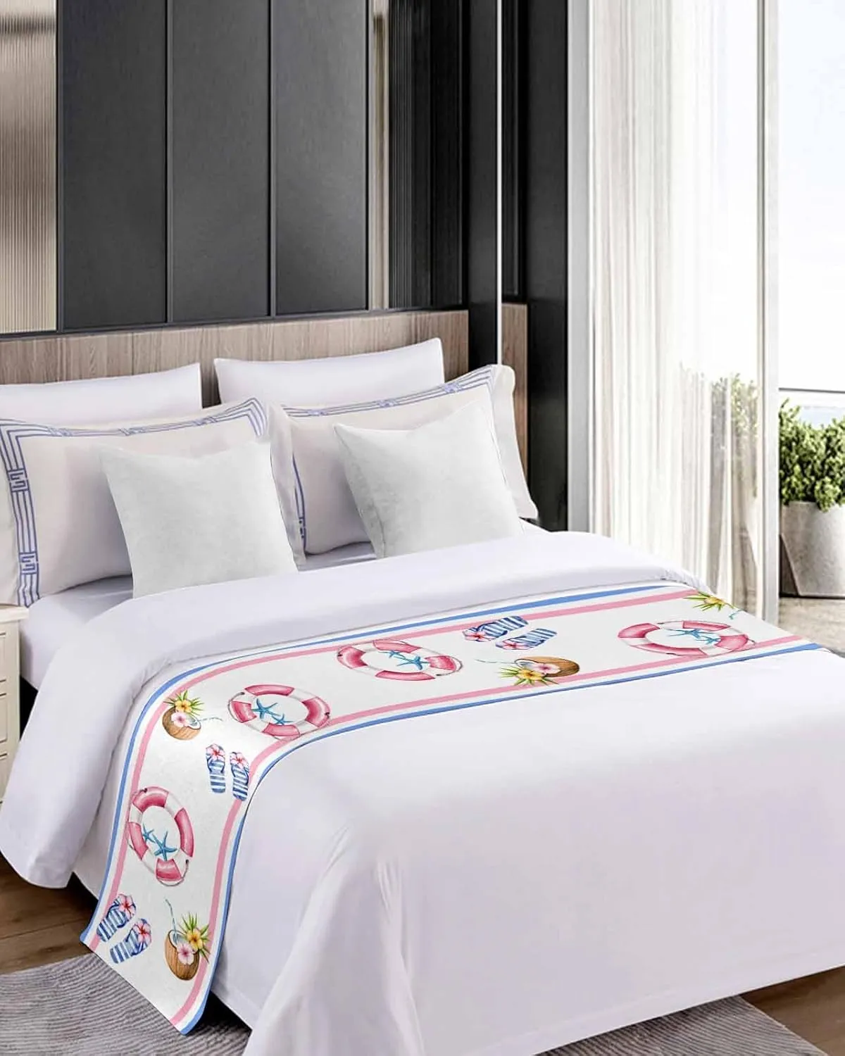 Summer Beach Bed Runner Scarf Full Queen Size,Ocean Coastal Slippers Stripes Coconut Luxury Throw Runners & Scarves for Twin Full Queen King Foot of Bed Bedroom Hotel Wedding Decoration,83"x20"