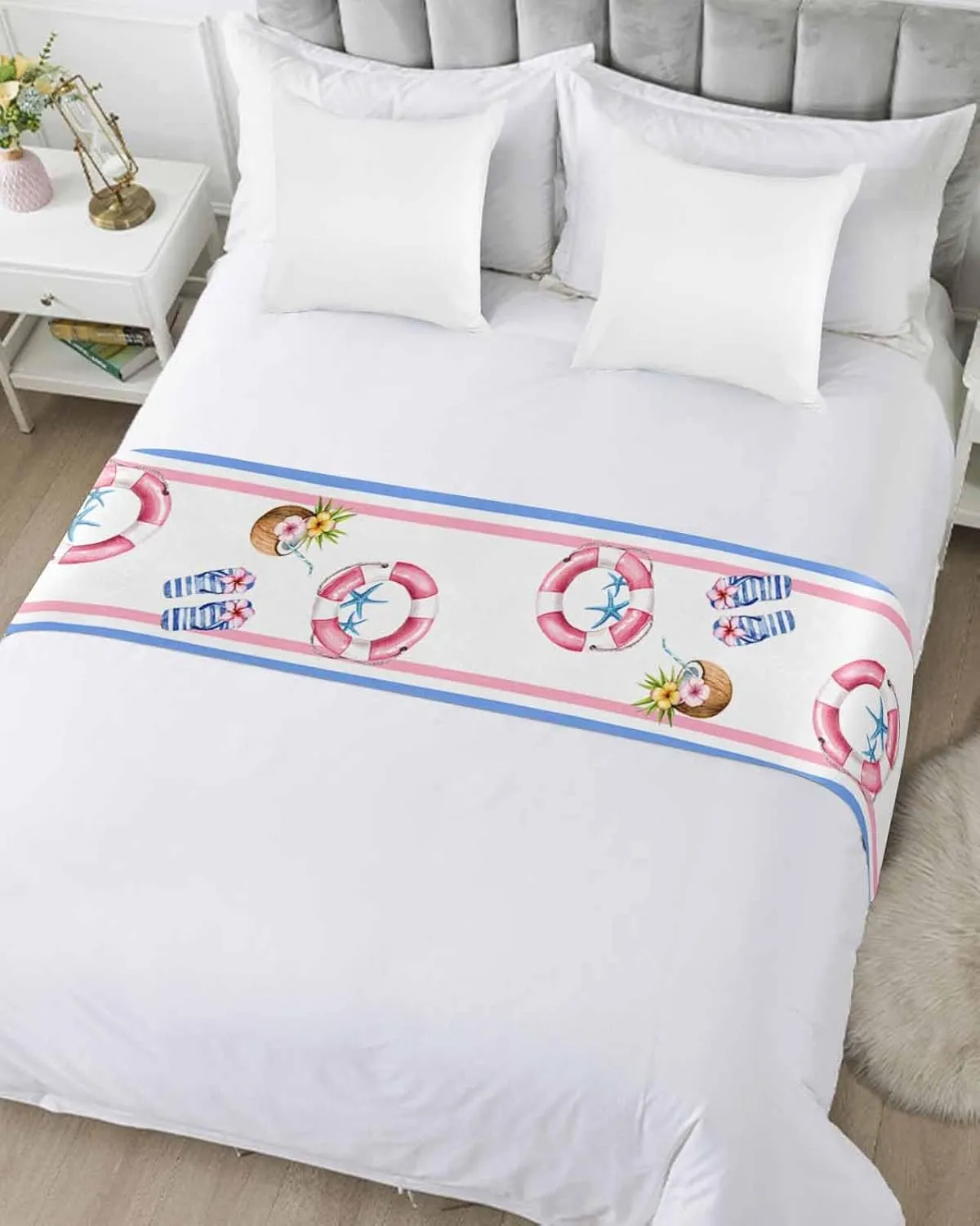 Summer Beach Bed Runner Scarf Full Queen Size,Ocean Coastal Slippers Stripes Coconut Luxury Throw Runners & Scarves for Twin Full Queen King Foot of Bed Bedroom Hotel Wedding Decoration,83"x20"