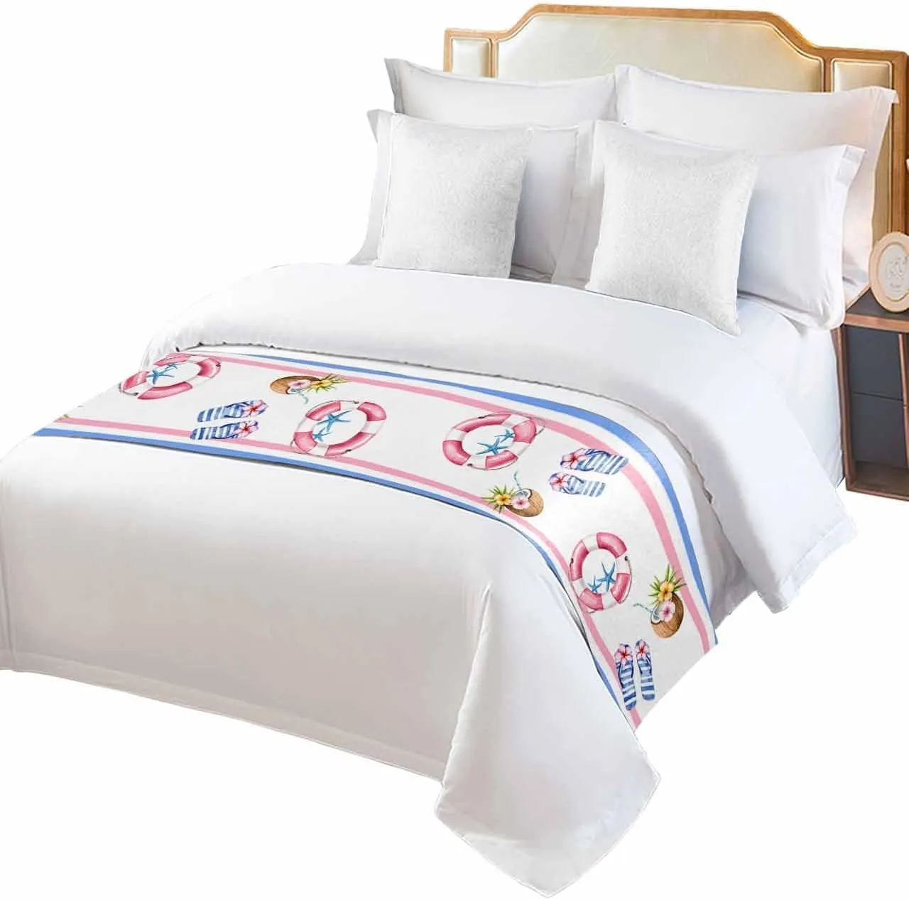Summer Beach Bed Runner Scarf Full Queen Size,Ocean Coastal Slippers Stripes Coconut Luxury Throw Runners & Scarves for Twin Full Queen King Foot of Bed Bedroom Hotel Wedding Decoration,83"x20"
