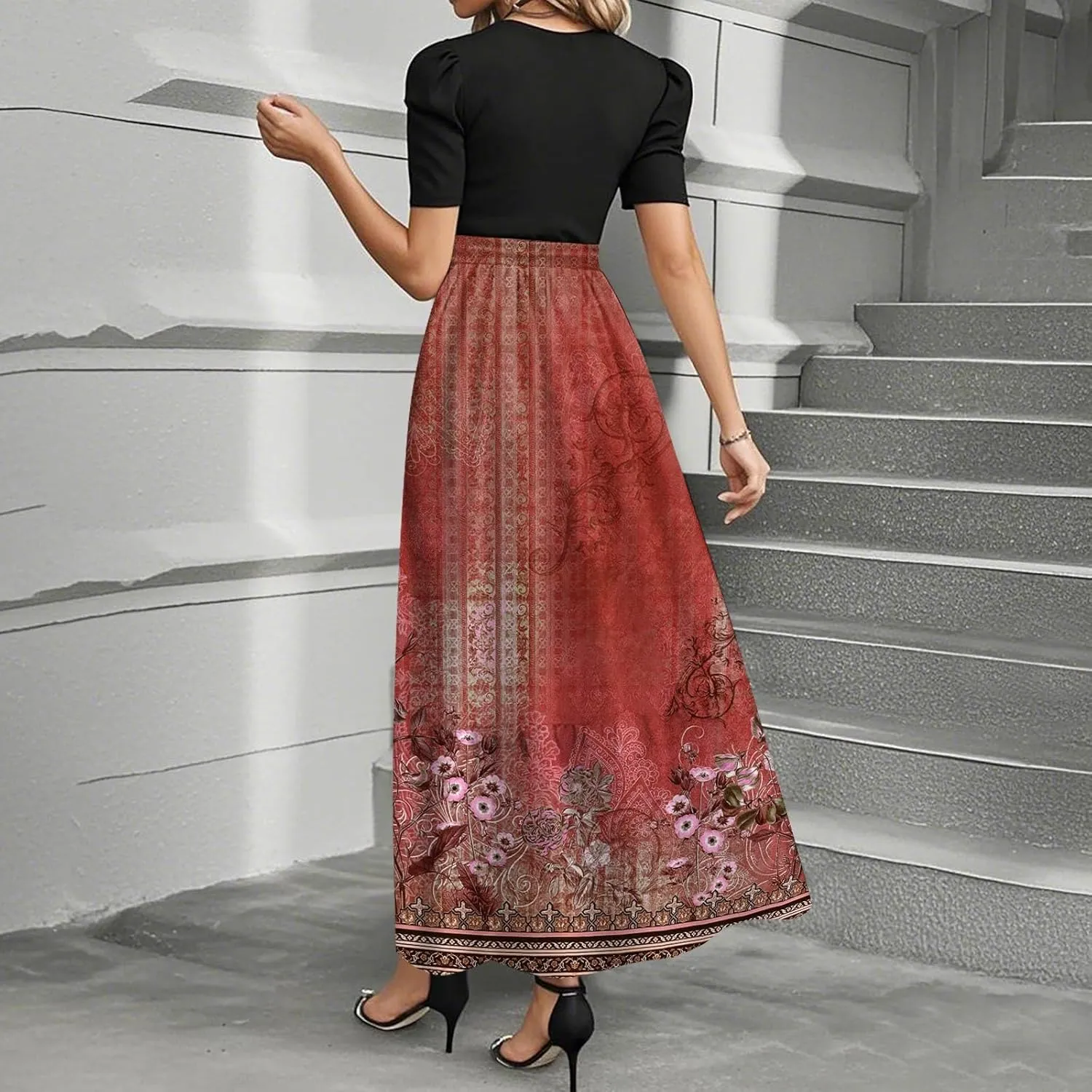 Summer Dresses for Women 2025 Elegant Floral Patchwork Maxi Dress Trendy Tie Waist Bow Paisley Empire Waist Beach Sundresses