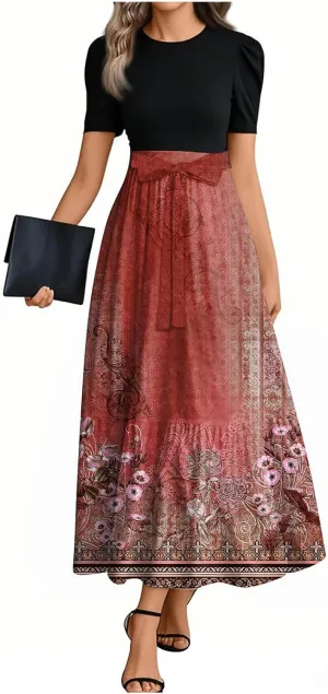 Summer Dresses for Women 2025 Elegant Floral Patchwork Maxi Dress Trendy Tie Waist Bow Paisley Empire Waist Beach Sundresses