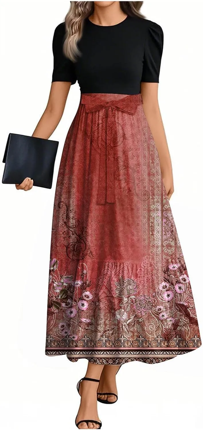 Summer Dresses for Women 2025 Elegant Floral Patchwork Maxi Dress Trendy Tie Waist Bow Paisley Empire Waist Beach Sundresses