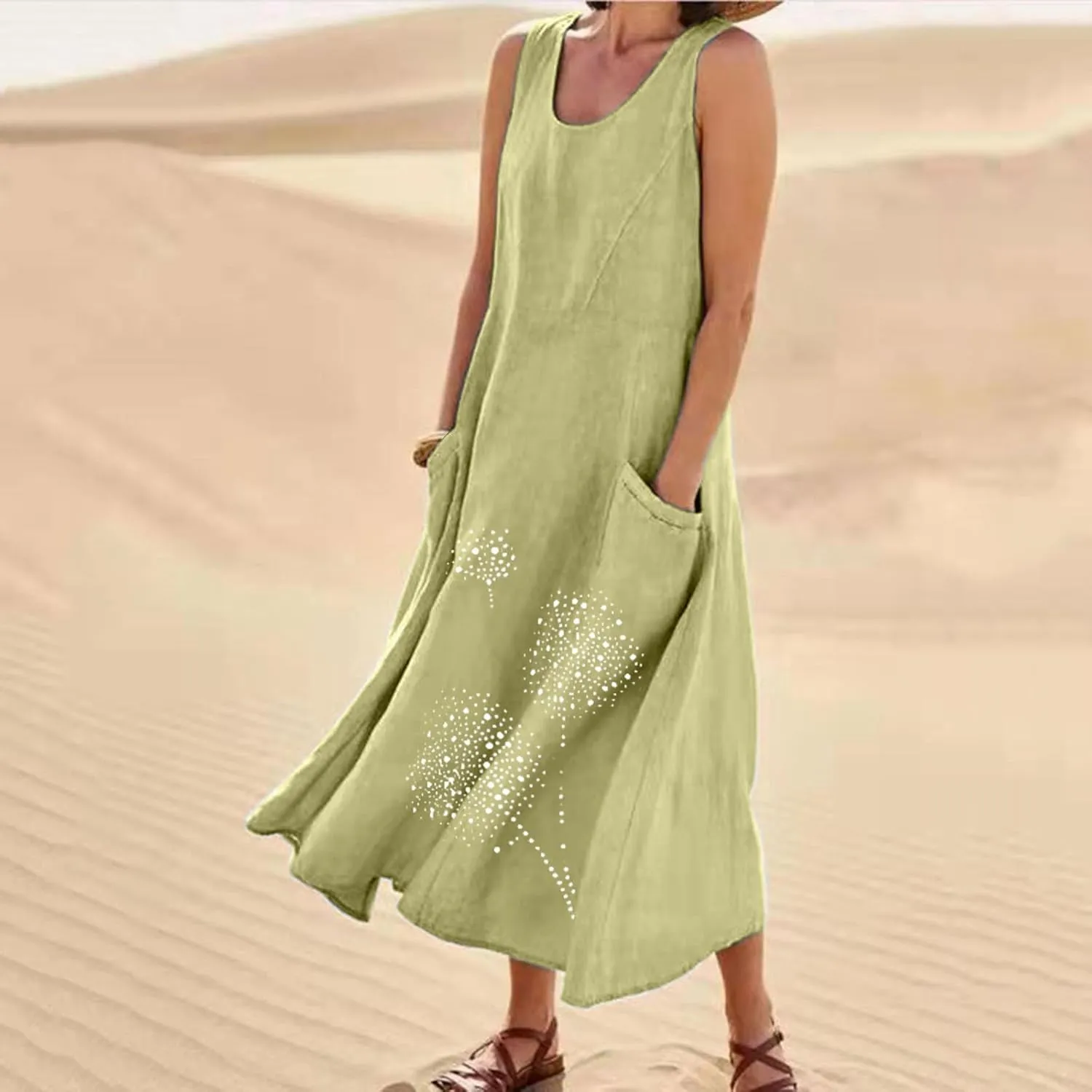 Summer Maxi Dresses for Women 2025 Fashion Print Sleeveless Sun Dress Casual Crewneck Relaxed Fittes Boho Clothes