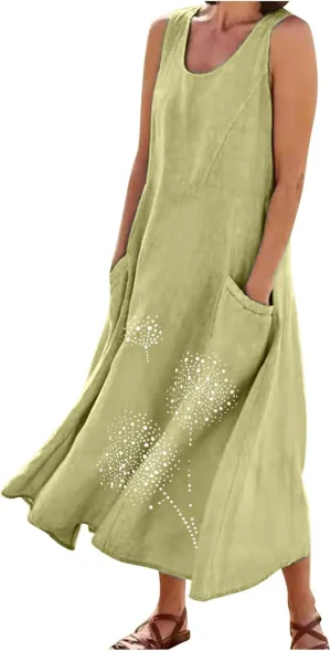 Summer Maxi Dresses for Women 2025 Fashion Print Sleeveless Sun Dress Casual Crewneck Relaxed Fittes Boho Clothes