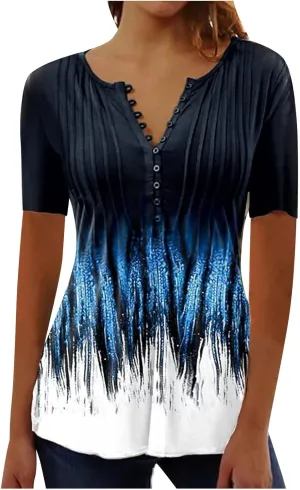 Summer Tops for Women 2025 Trendy Boho Floral Button v Neck Tunic Shirts Casual Empire Waist Short Sleeve Blouses