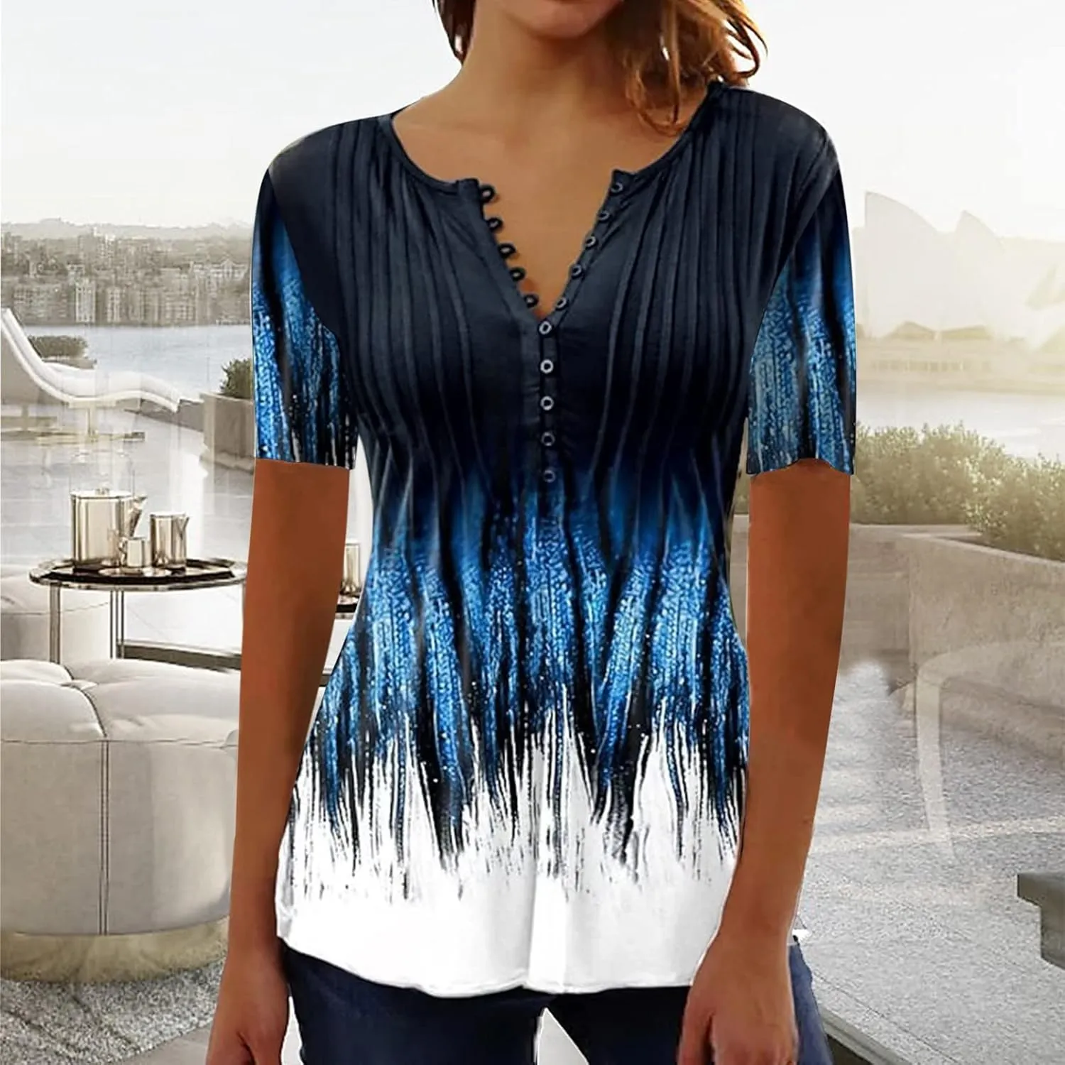 Summer Tops for Women 2025 Trendy Boho Floral Button v Neck Tunic Shirts Casual Empire Waist Short Sleeve Blouses