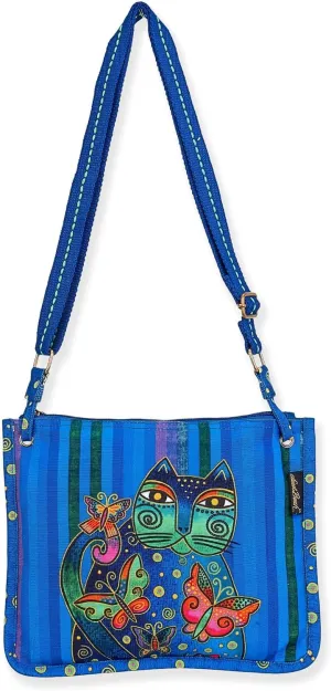 Sun 'N' Sand Laurel Burch Crossbody Tote Zipper Top 12"X9.5"-Gatito Azul, Blue