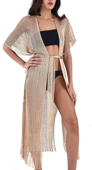 Sundress Swimsuit Cover up with Fringe Trim, Open Front Wide Arms, Gold