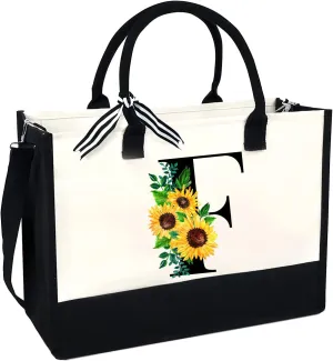 Sunflower Tote with Zipper Pocket, 13oz Monogram Tote Bags for Women, Birthday, Christmas, Teacher Gifts