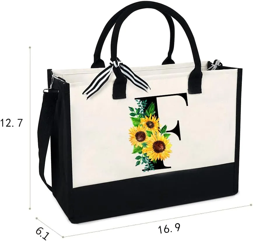 Sunflower Tote with Zipper Pocket, 13oz Monogram Tote Bags for Women, Birthday, Christmas, Teacher Gifts