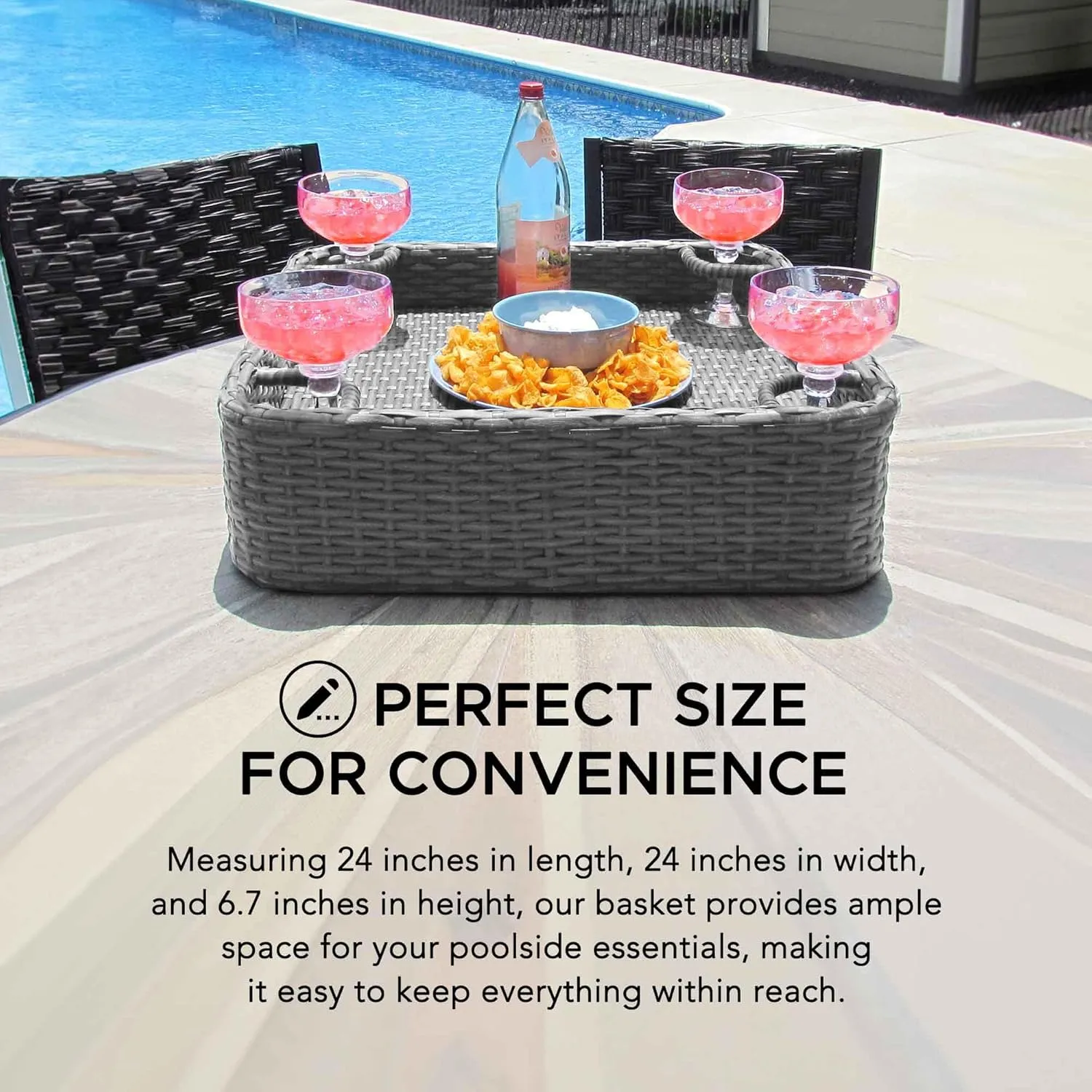 Sunjoy Floating Pool Canopy with Add-on 24x24 in. Wicker Floating Tray, Grey