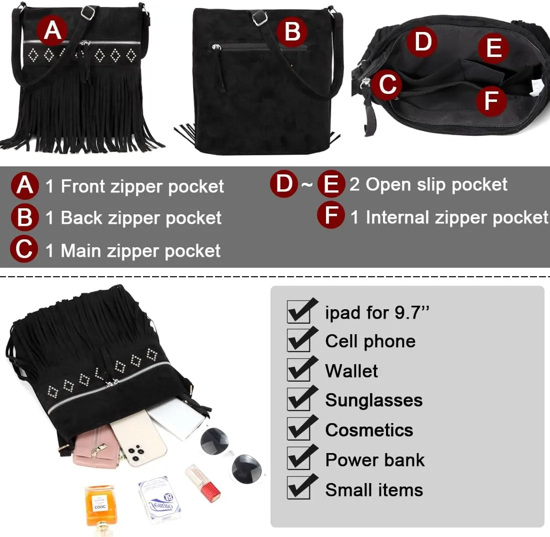 Sunwel Fashion Western Fringe Crossbody Bag with Studs Cowgirl Purse Faux Suede Shoulder Bag for Women