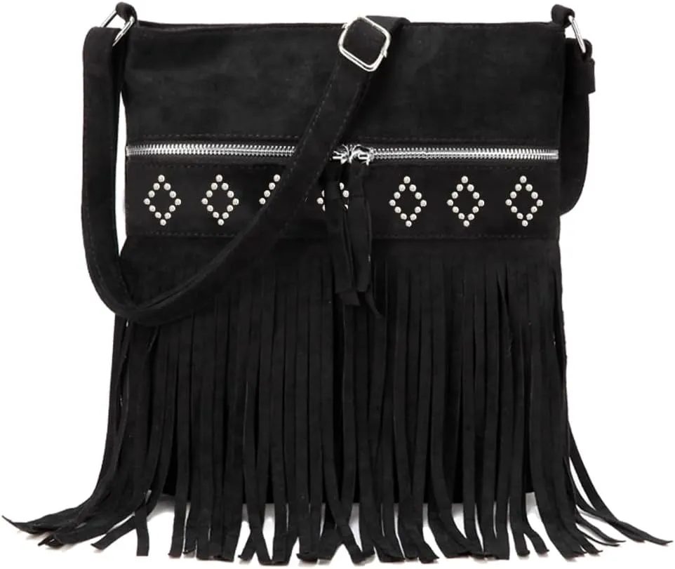 Sunwel Fashion Western Fringe Crossbody Bag with Studs Cowgirl Purse Faux Suede Shoulder Bag for Women