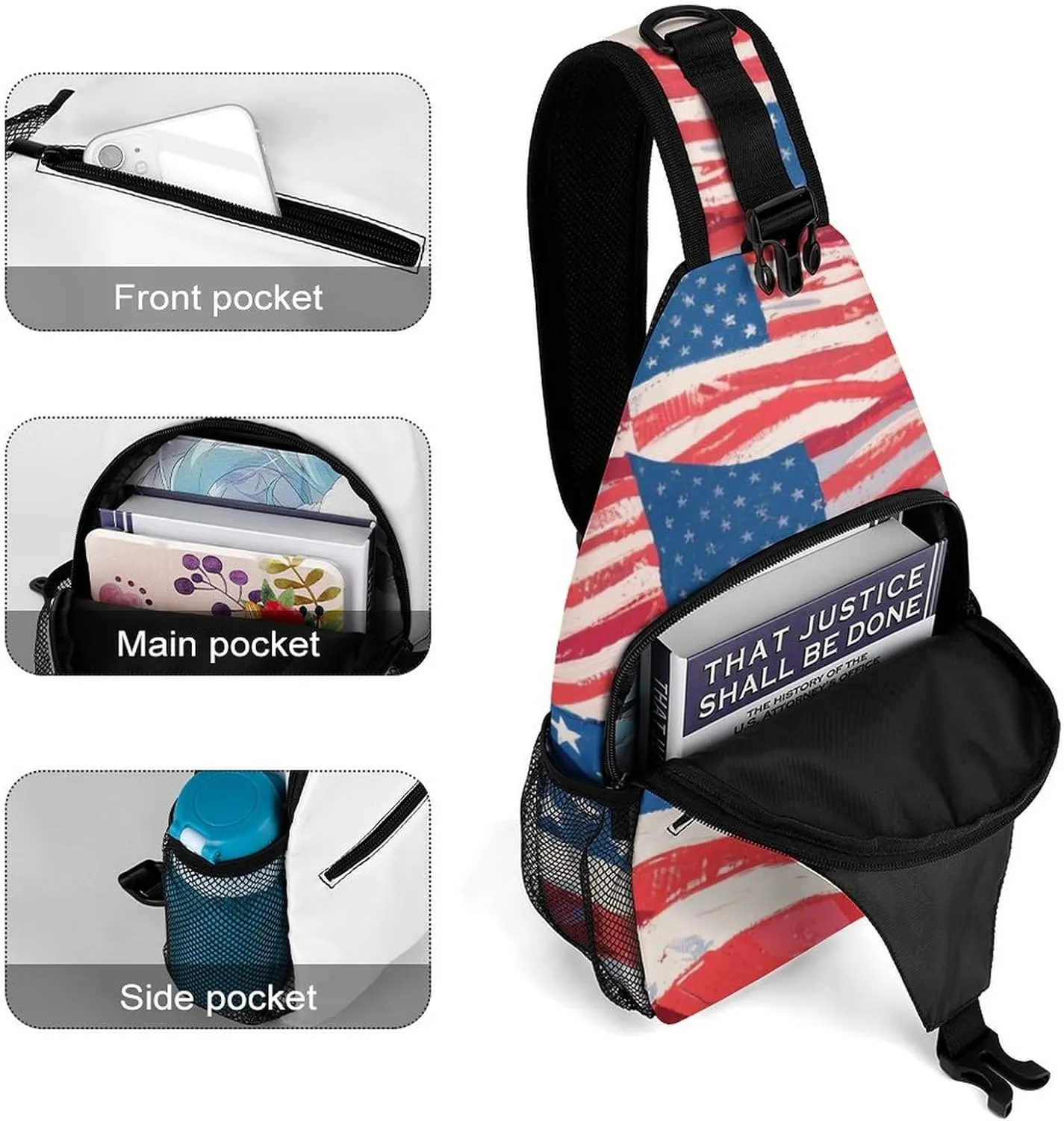 Supdreamc Sling Shoulder Backpack for Women Men Multipurpose Anti-Theft Casual Carrying Tote Case Crossbody Travel Bag Tactical Satchel, Usa Flag Grunge Old American Flag Art Rucksack