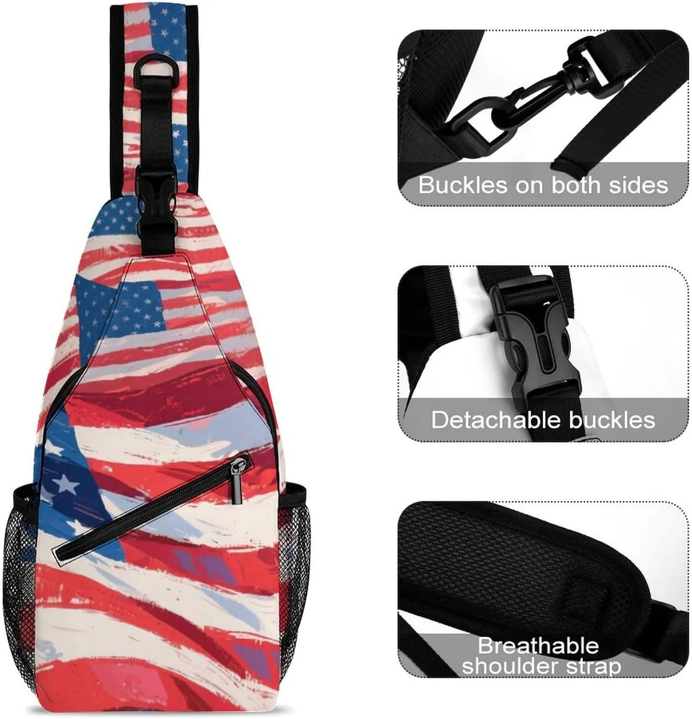 Supdreamc Sling Shoulder Backpack for Women Men Multipurpose Anti-Theft Casual Carrying Tote Case Crossbody Travel Bag Tactical Satchel, Usa Flag Grunge Old American Flag Art Rucksack