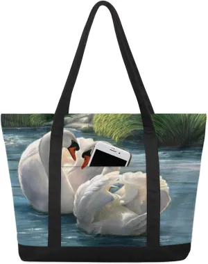 Swan Mate Watercolor Tote Bag Tote Bag for Women Reusable Grocery Shopping Cloth Bags with Zipper Large Capacity Foldable Handbag Gym Bag for Gift Activity