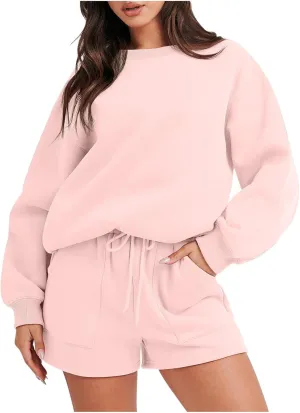 Sweatsuits For Women Set 2 Piece Outfit Long Sleeve Crewneck Sweatshirt With Shorts Matching Lounge Set Tracksuit