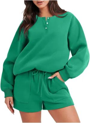 Sweatsuits For Women Set 2 Piece Outfits Oversized Long Sleeve Crewneck Sweatshirt & Lounge Shorts Matching Tracksuit
