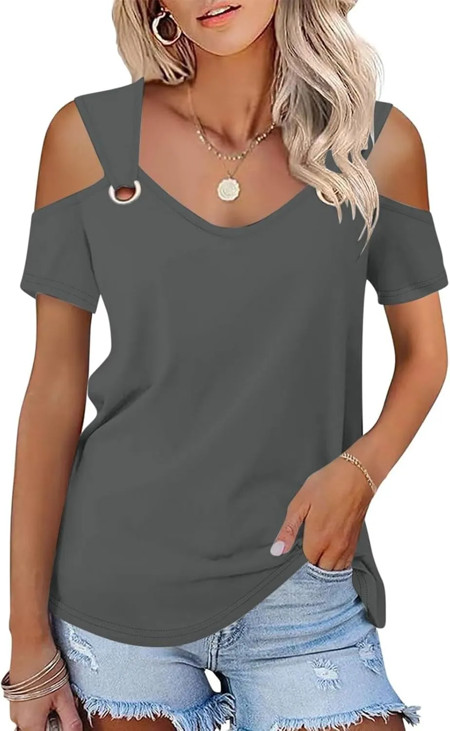 T Shirt for Women Sexy Cold Shoulder Summer Tops Casual Printed Short Sleeve Round-Neck Blouse Loose Comfy Tunics