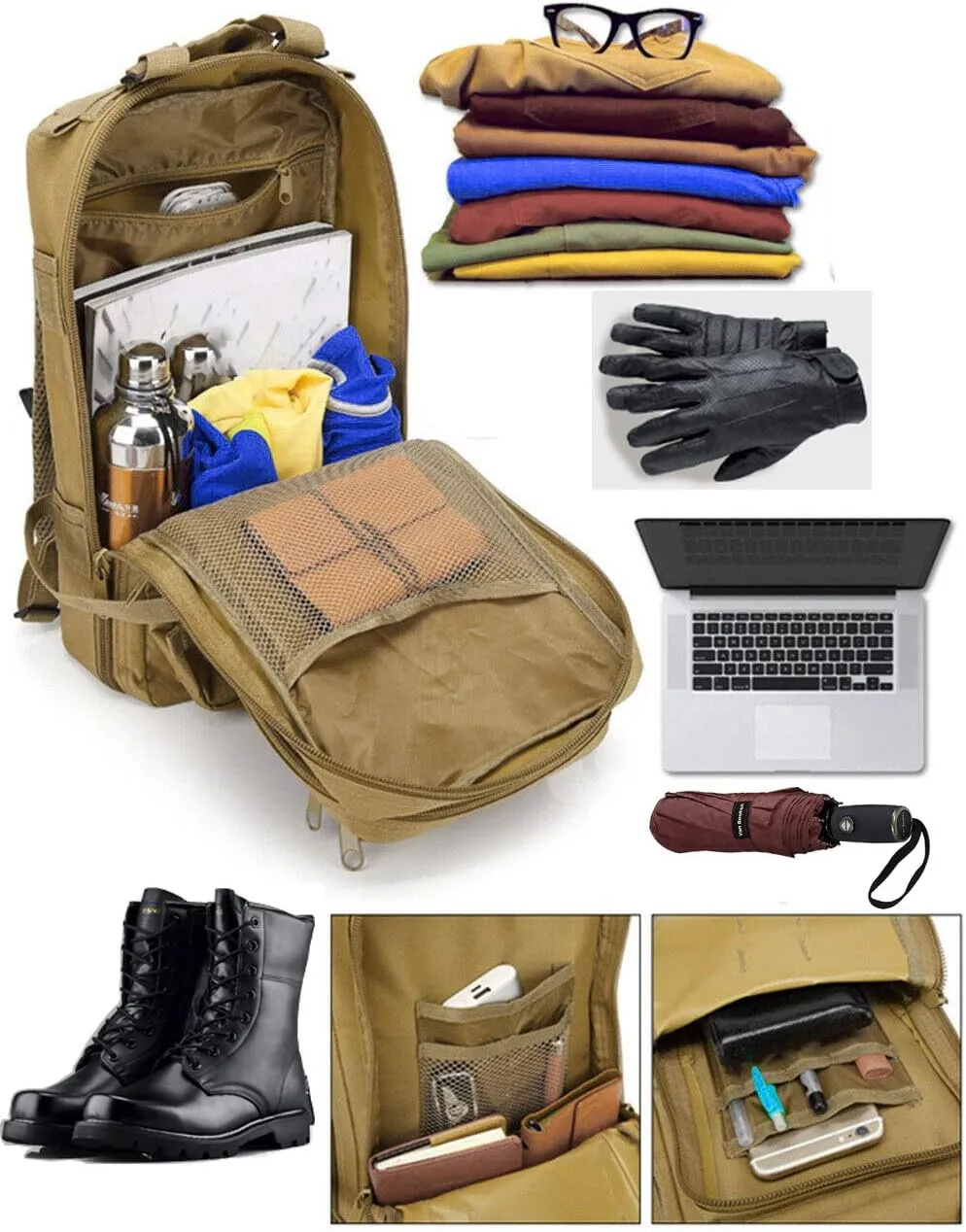 Tactical Backpack 55L with Built-up 3 MOLLE Bags Rucksacks for Travelling