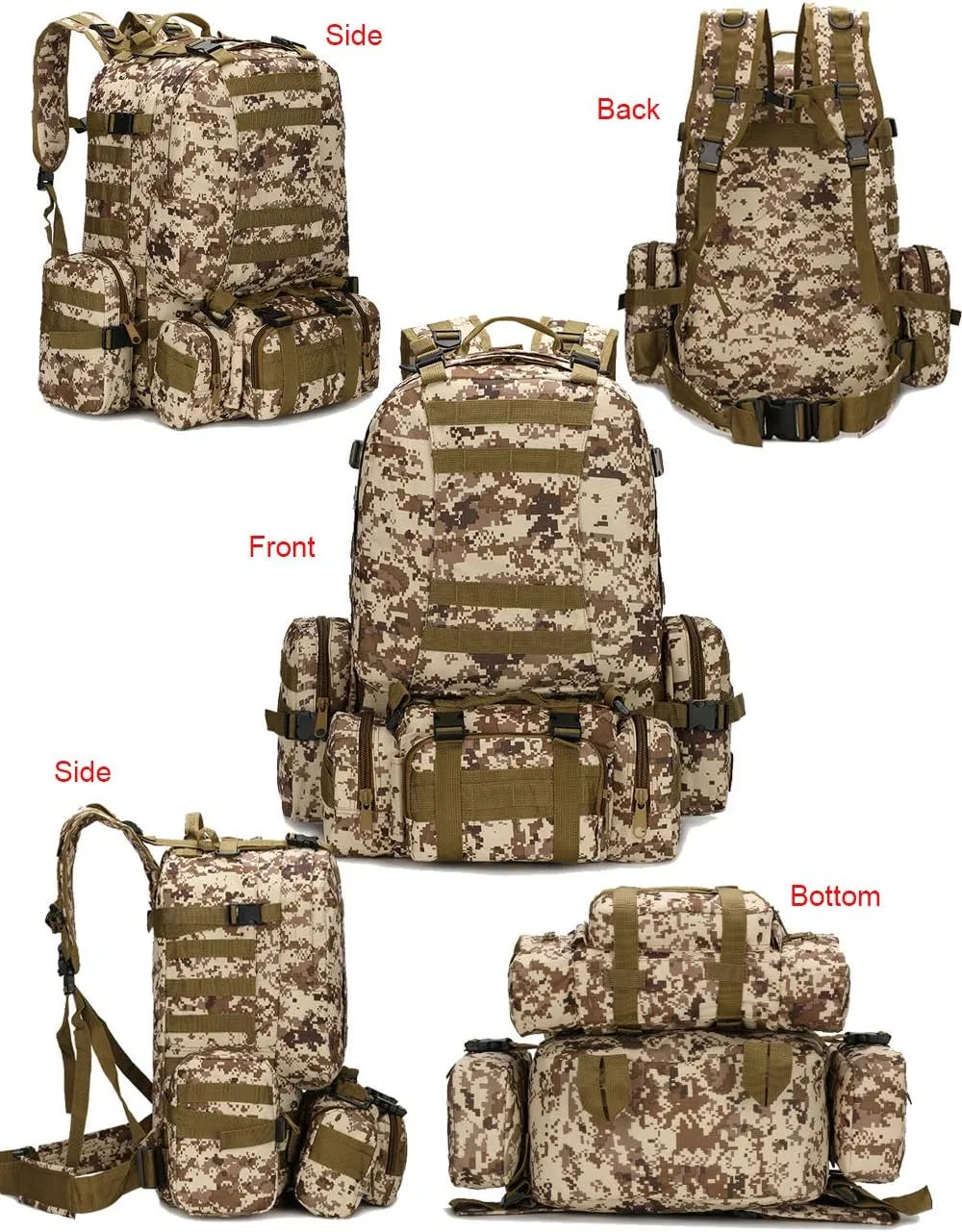Tactical Backpack 55L with Built-up 3 MOLLE Bags Rucksacks for Travelling