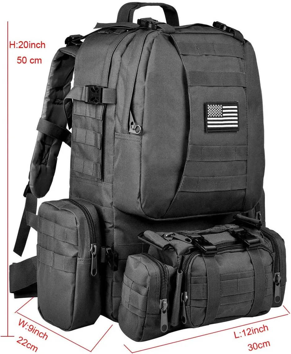 Tactical Backpack 55L with Built-up 3 MOLLE Bags Rucksacks for Travelling