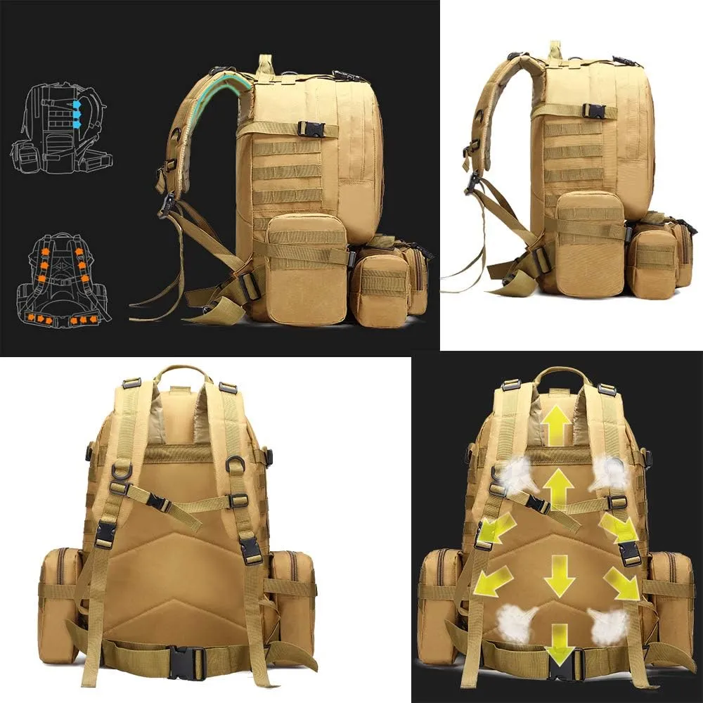 Tactical Backpack 55L with Built-up 3 MOLLE Bags Rucksacks for Travelling