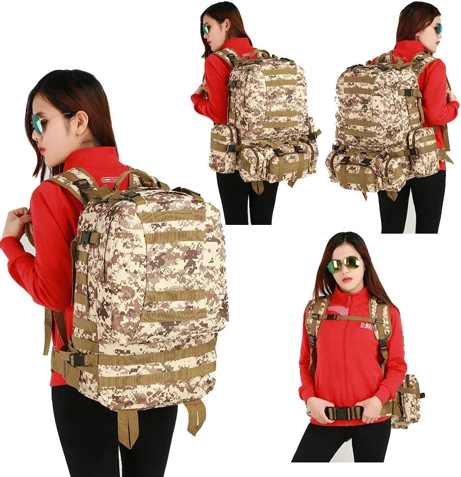 Tactical Backpack 55L with Built-up 3 MOLLE Bags Rucksacks for Travelling