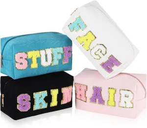 Talltalk 4 Pcs Preppy Makeup Bags Chenille Letter Patch Bag Face Skin Hair Stuff Aesthetic Cosmetic Bag Corduroy Nylon Zipper Cosmetic Bag for Women Teen Girl Toiletry Travel Organizer