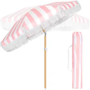 Talltalk 6 ft Outdoor Beach Patio Steering Umbrella with Fringe, Steel Pole, Steel Ribs and Carry Bag Elegant Table UPF 50  UV Boho Umbrella for Outdoor Picnic Beach Backyard