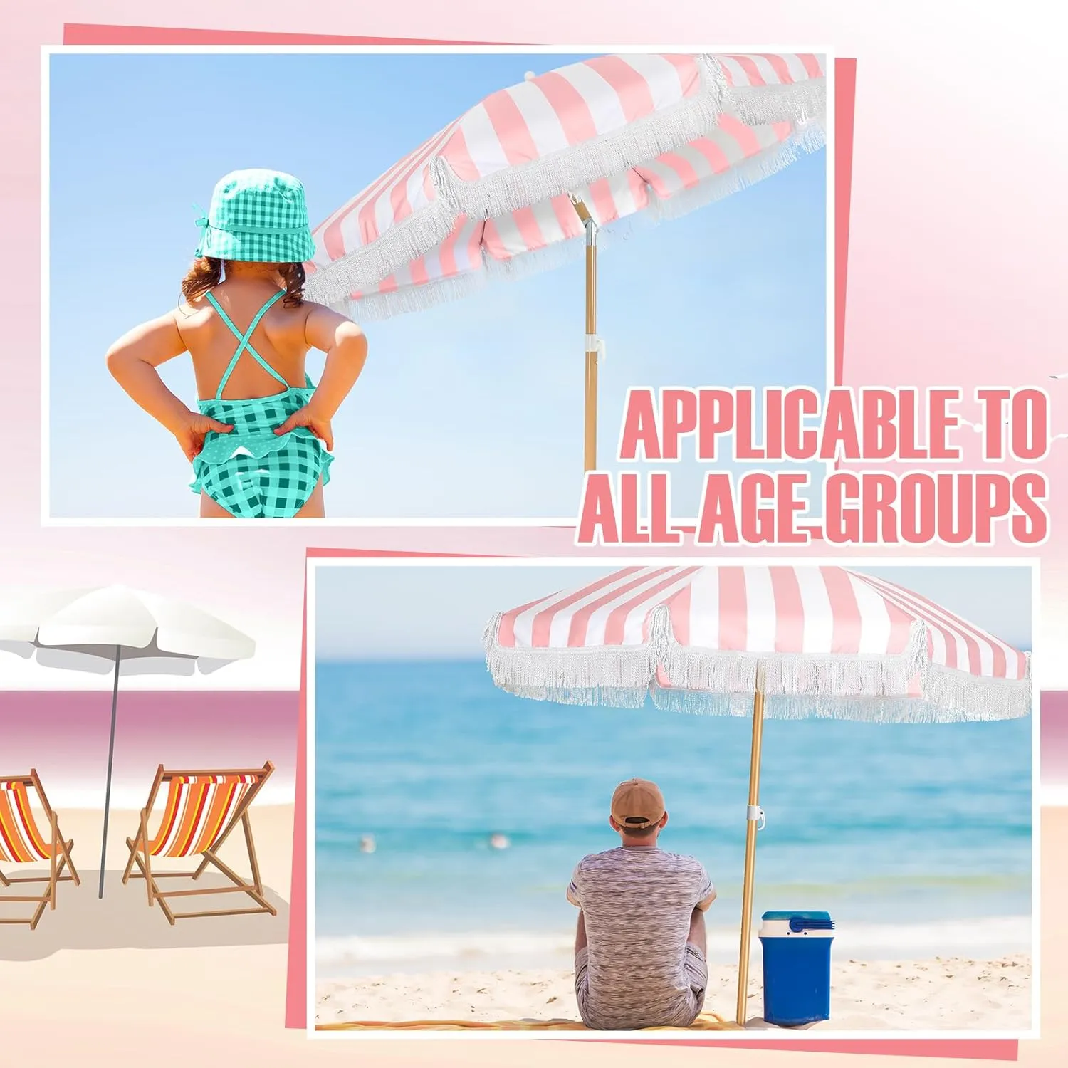 Talltalk 6 ft Outdoor Beach Patio Steering Umbrella with Fringe, Steel Pole, Steel Ribs and Carry Bag Elegant Table UPF 50  UV Boho Umbrella for Outdoor Picnic Beach Backyard