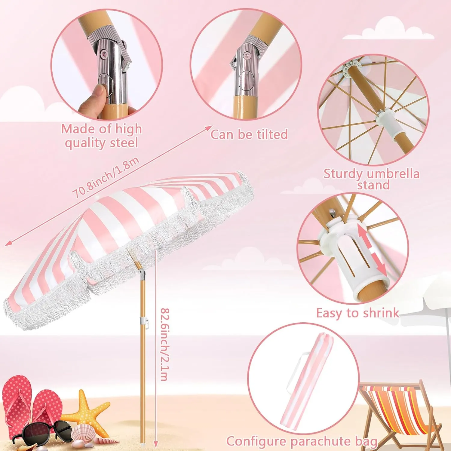 Talltalk 6 ft Outdoor Beach Patio Steering Umbrella with Fringe, Steel Pole, Steel Ribs and Carry Bag Elegant Table UPF 50  UV Boho Umbrella for Outdoor Picnic Beach Backyard