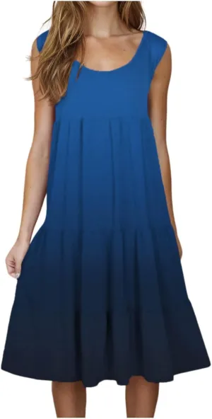 Tank Dress for Women 2025 Summer Boho Gradient Beach Vacation Sundress Sleeveless Pleated Ladies Tropical Dresses