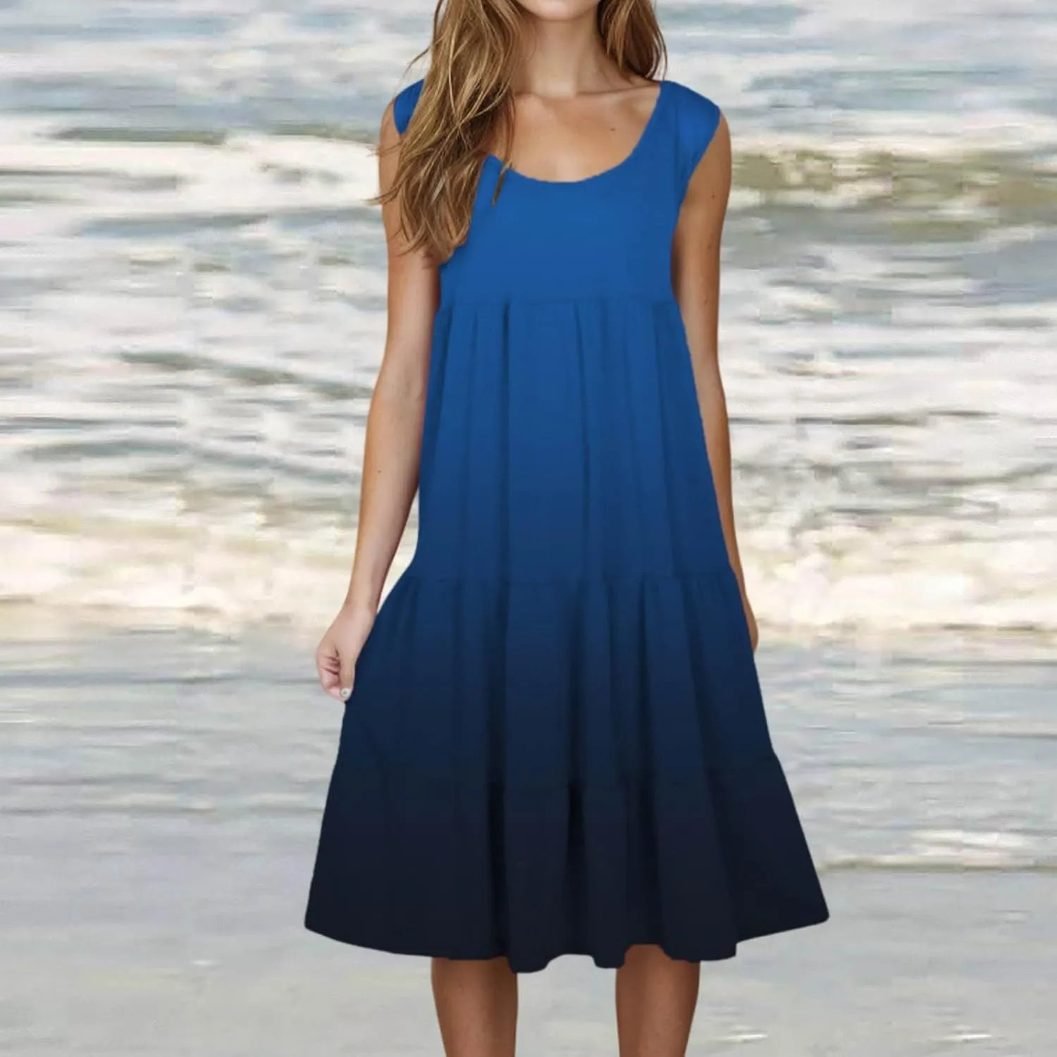 Tank Dress for Women 2025 Summer Boho Gradient Beach Vacation Sundress Sleeveless Pleated Ladies Tropical Dresses