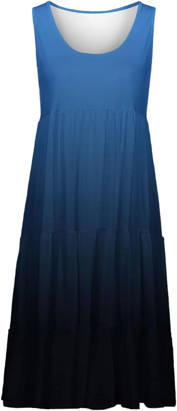 Tank Dress for Women 2025 Summer Boho Gradient Beach Vacation Sundress Sleeveless Pleated Ladies Tropical Dresses